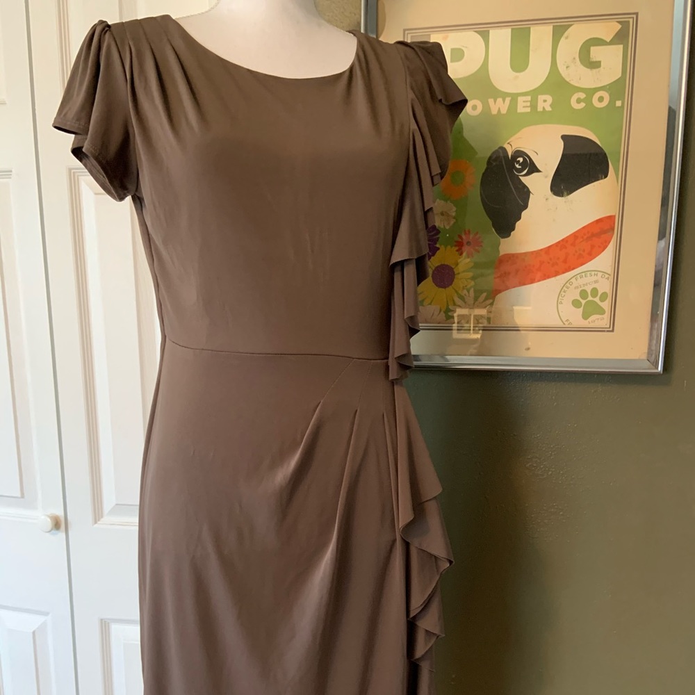 RonnieNicole Taupe Drapey dress with ruffle
